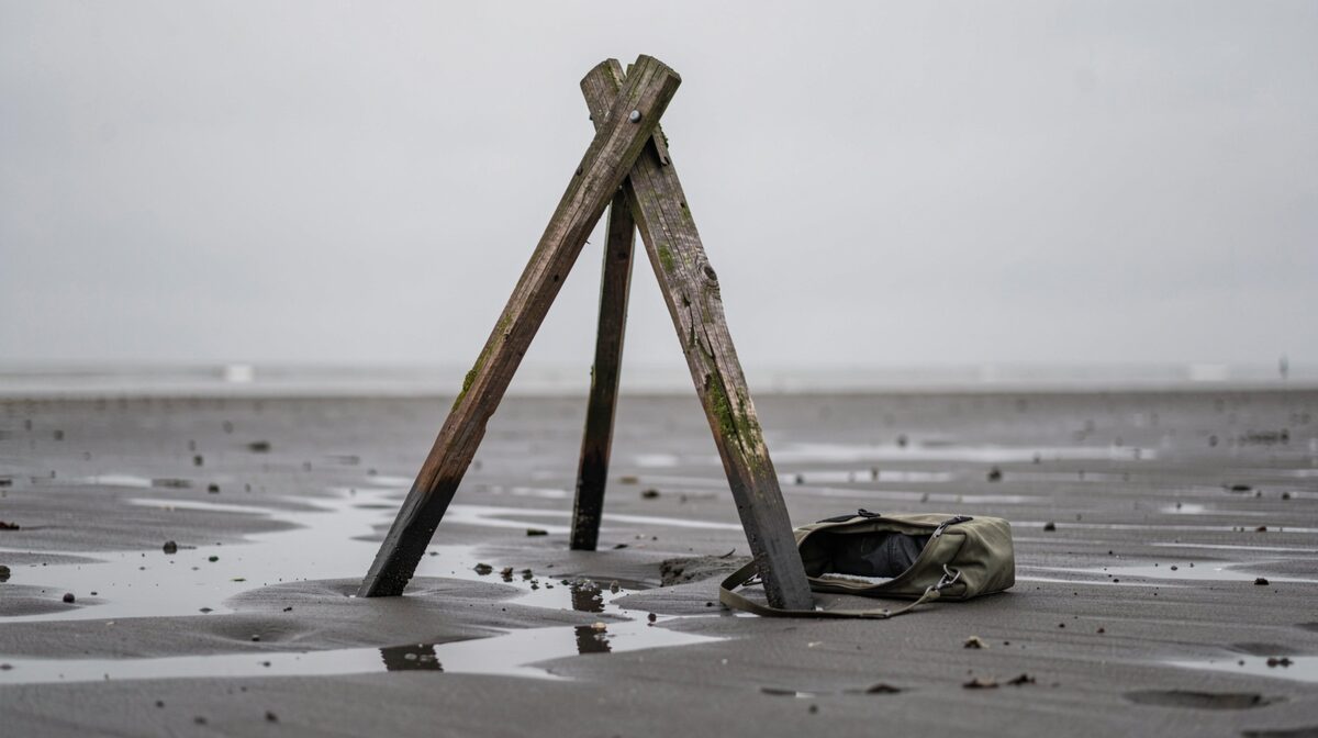 A weathered wooden tripod planted on wet dark sand at low tide, a filter pouch open beside it, flat overcast light and a low grey horizon behind.